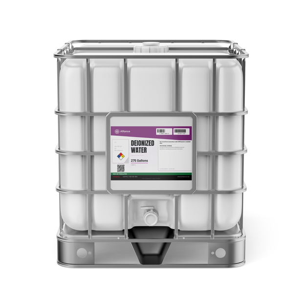Technical grade deionized water in a 275-gallon IBC tote for electronics cleaning, Alliance Chemical
