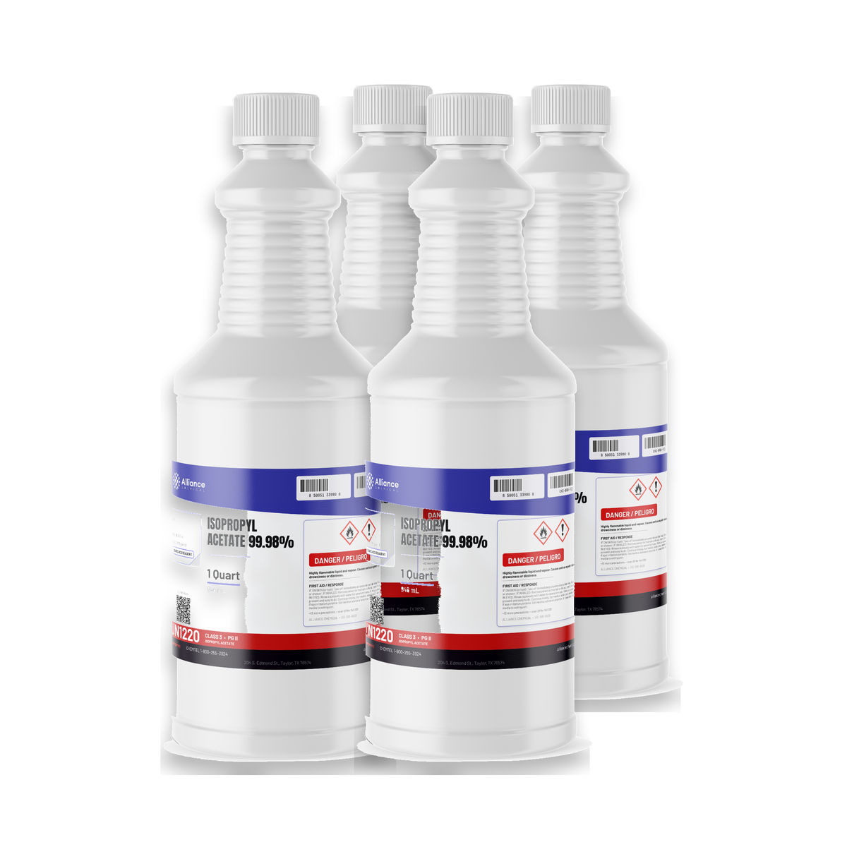 Isopropyl Acetate 99.98% ACS Grade, four 1-quart plastic bottles, Alliance Chemical for organic extraction and coatings