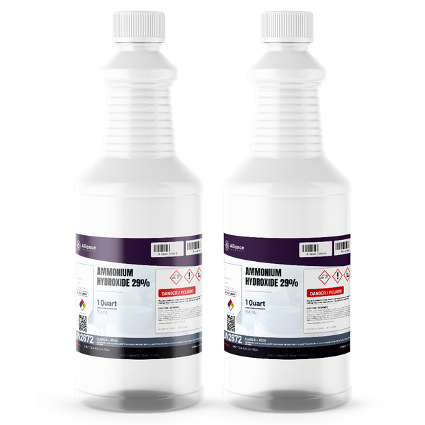 Ammonium Hydroxide 29% ACS Grade in two 1-quart bottles from Alliance Chemical for chemical synthesis and lab analysis