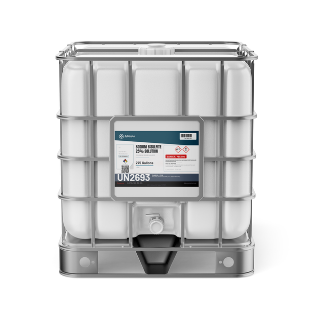 Sodium bisulfite 25% solution technical grade in a 275-gallon IBC tote from Alliance Chemical for water dechlorination
