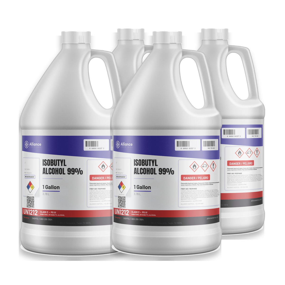 Isobutyl Alcohol 99% ACS Grade in four 1-gallon plastic jugs from Alliance Chemical