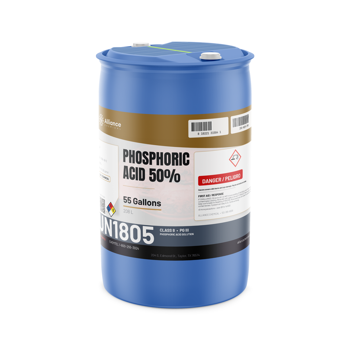 Phosphoric Acid 50% Technical Grade in a 55-gallon blue drum from Alliance Chemical for metal finishing and chemical blending