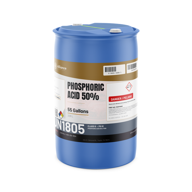 Phosphoric Acid 50% Technical Grade in a 55-gallon blue drum from Alliance Chemical for metal finishing and chemical blending