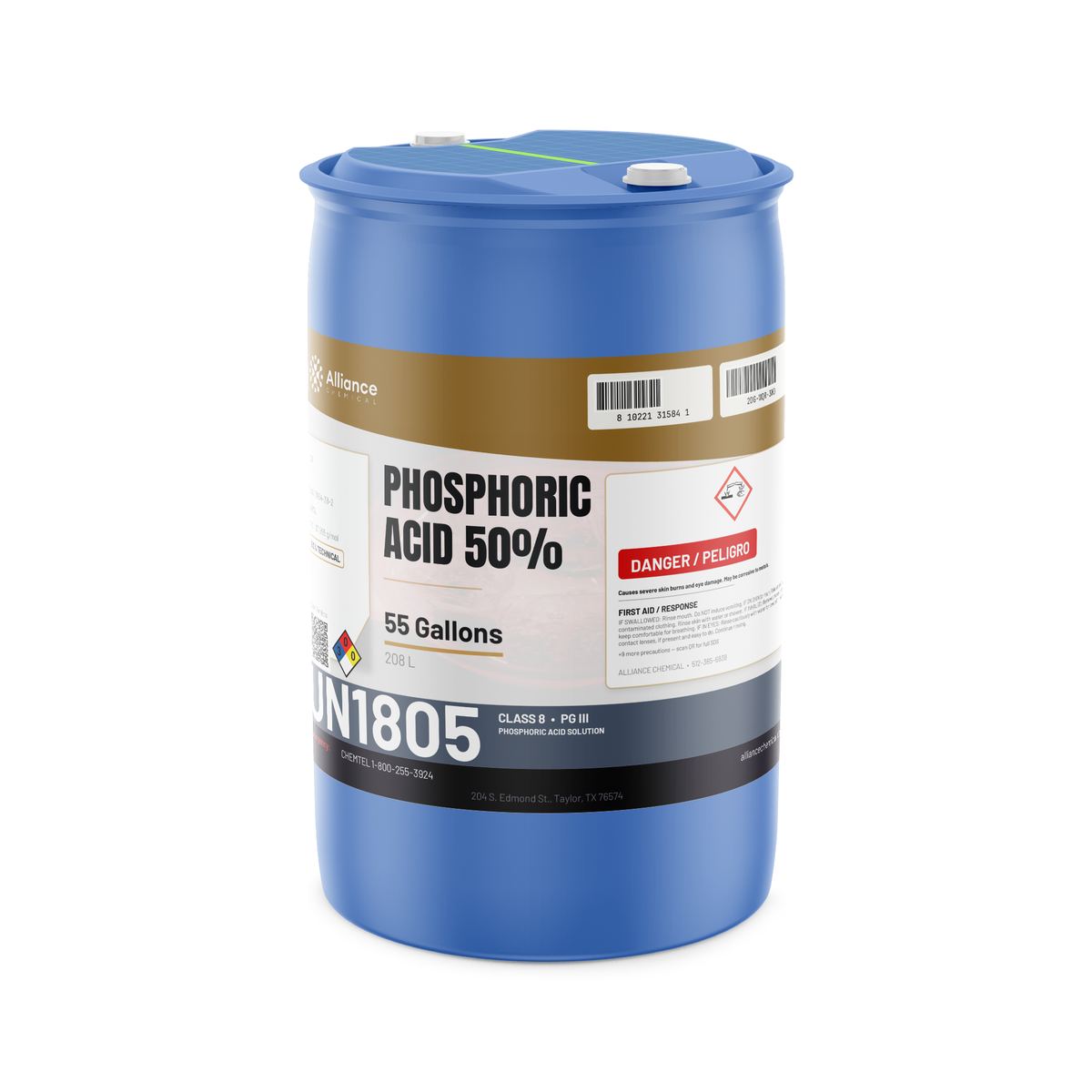 Phosphoric Acid 50% Technical Grade in a closed-head blue 55-gallon drum, Alliance Chemical