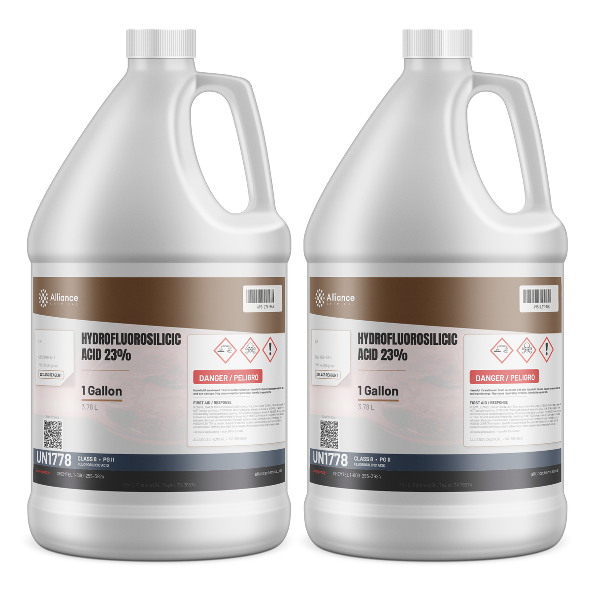 Hydrofluorosilicic Acid 23% ACS Reagent Grade in two 1-gallon jugs, Alliance Chemical for water treatment fluoridation