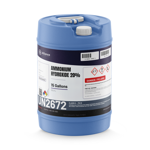 Ammonium Hydroxide 20% ACS Grade in a 15-gallon blue plastic carboy, Alliance Chemical