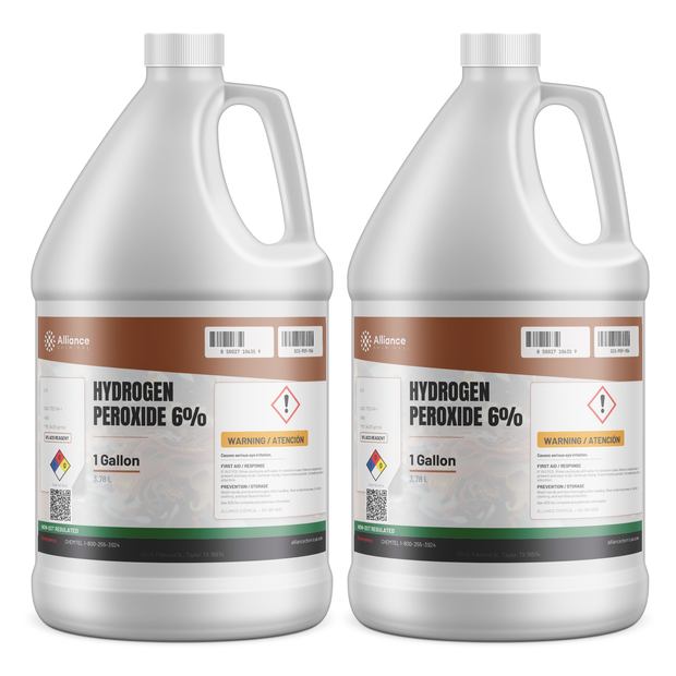 Hydrogen Peroxide 6% ACS Reagent Grade in two 1-gallon white plastic jugs, Alliance Chemical