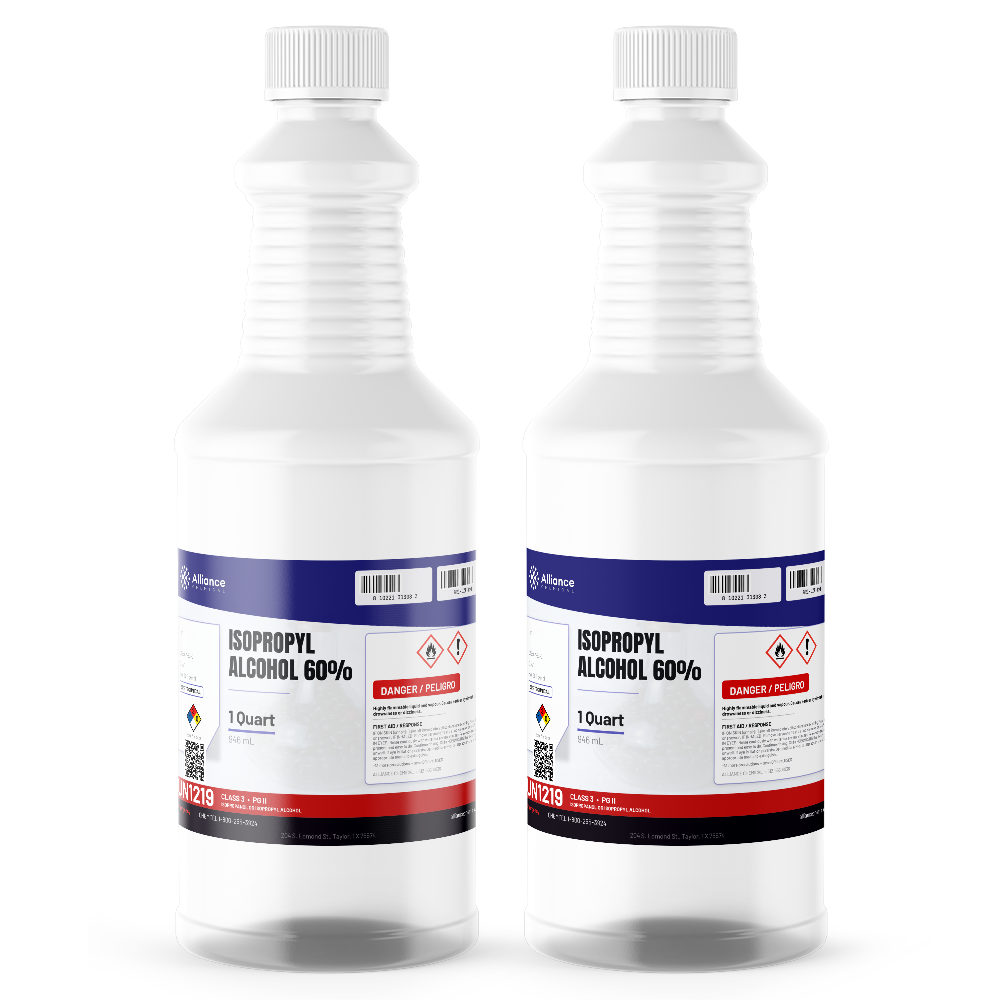Isopropyl Alcohol 60% Technical Grade in two 1-quart plastic bottles, Alliance Chemical