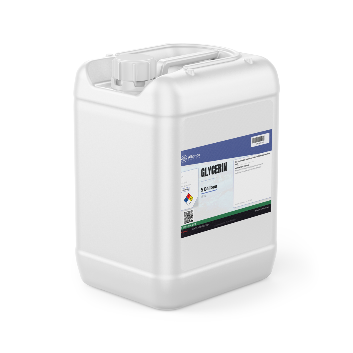 Glycerin 100% Technical Grade in a white plastic 5-gallon jerry can, Alliance Chemical