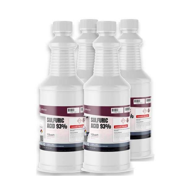Sulfuric Acid 93% Technical Grade in four 1-quart white plastic bottles from Alliance Chemical
