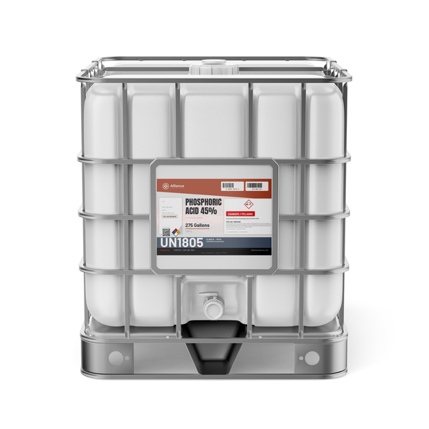 Phosphoric Acid 45% ACS Grade in a 275-gallon IBC tote with steel cage, Alliance Chemical
