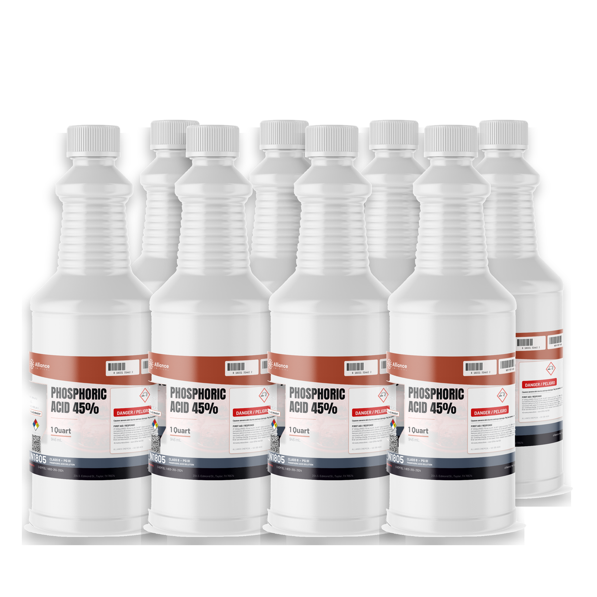 Phosphoric Acid 45% ACS Reagent Grade in eight 1-quart white plastic bottles, Alliance Chemical