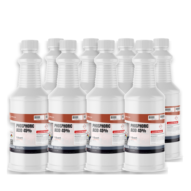Phosphoric Acid 45% ACS Reagent Grade in eight 1-quart white plastic bottles, Alliance Chemical