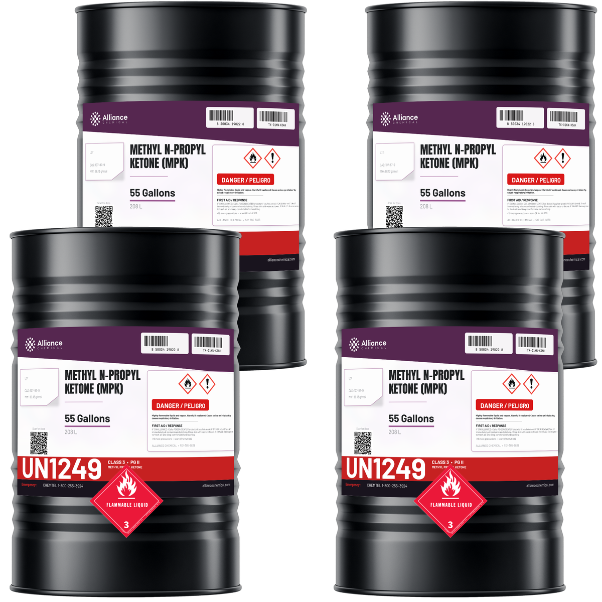Technical grade Methyl n-Propyl Ketone in four 55-gallon drums from Alliance Chemical for metal surface cleaning