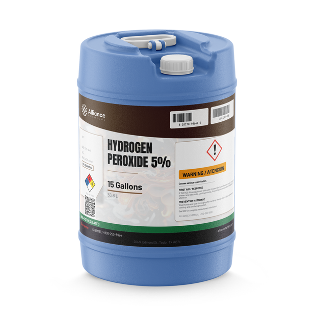 Hydrogen Peroxide 5% Technical Grade in a 15-gallon blue plastic carboy, Alliance Chemical