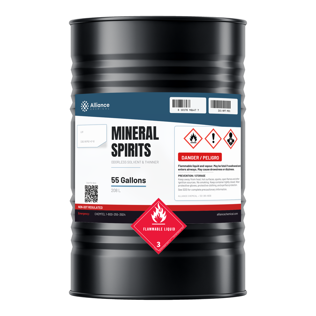 Odorless Mineral Spirits 55-gallon drum for paint thinning and industrial parts degreasing by Alliance Chemical