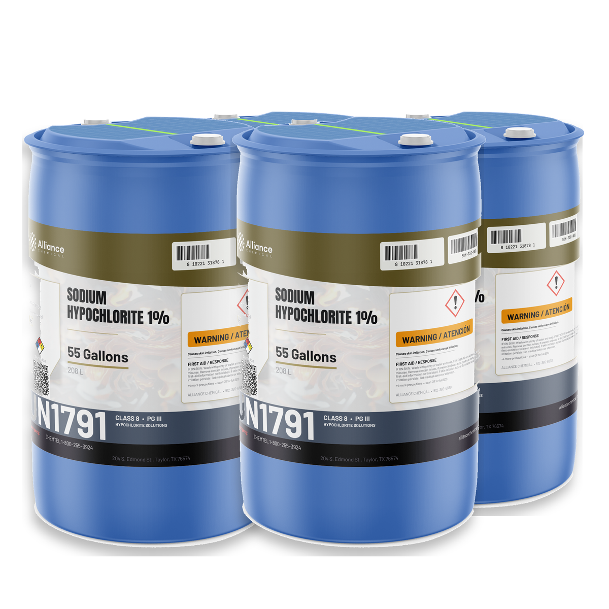 Sodium Hypochlorite 1% Technical Grade in four blue 55-gallon drums, Alliance Chemical