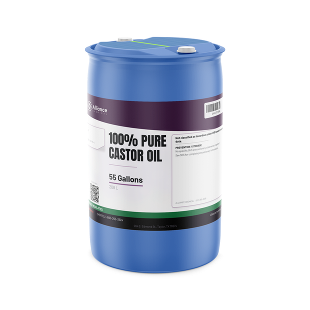 100% pure technical grade castor oil in a blue 55-gallon plastic drum from Alliance Chemical