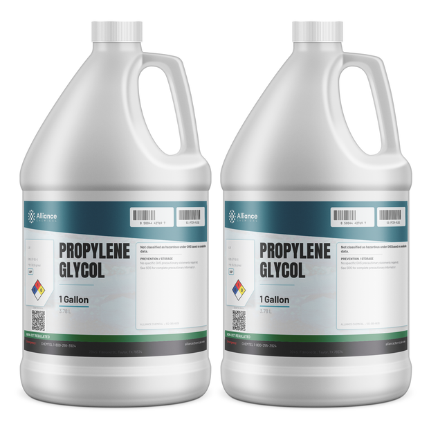 Propylene Glycol USP Grade liquid in two 1-gallon white plastic jugs, Alliance Chemical