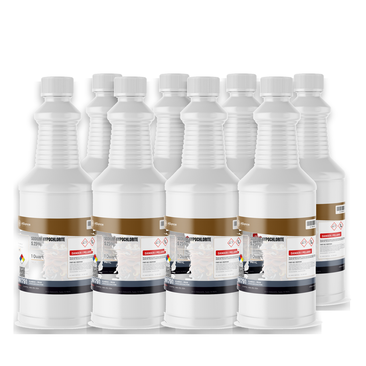 Sodium Hypochlorite 5.25% Water Treatment Grade in a case of eight 1-quart plastic bottles from Alliance Chemical