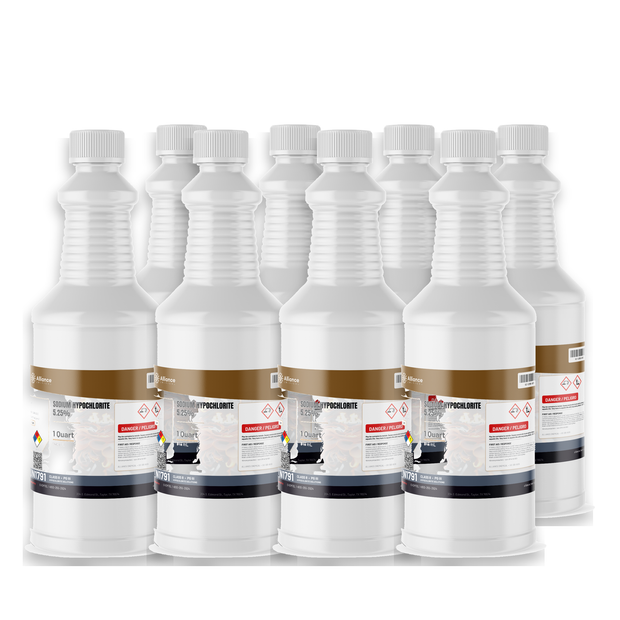 Sodium Hypochlorite 5.25% Water Treatment Grade in a case of eight 1-quart plastic bottles from Alliance Chemical