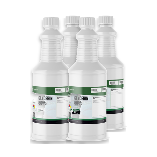 Glycerin 50% Food Grade solution packaged in four 1-quart plastic bottles from Alliance Chemical