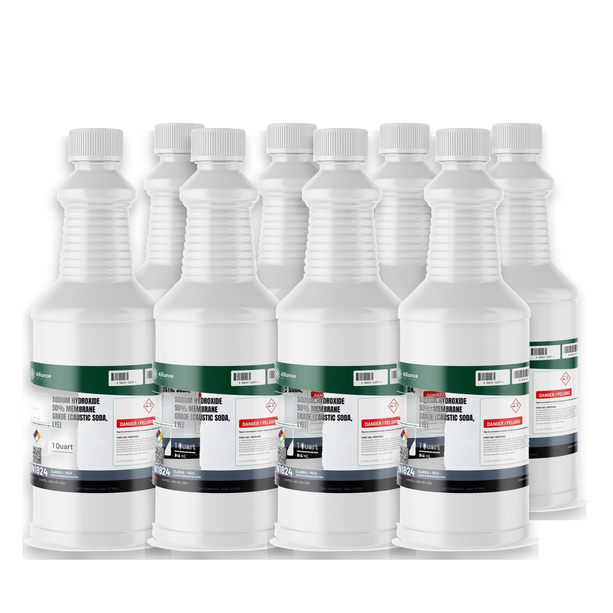 Sodium hydroxide 50% membrane grade in eight 1-quart plastic bottles from Alliance Chemical for pH adjustment