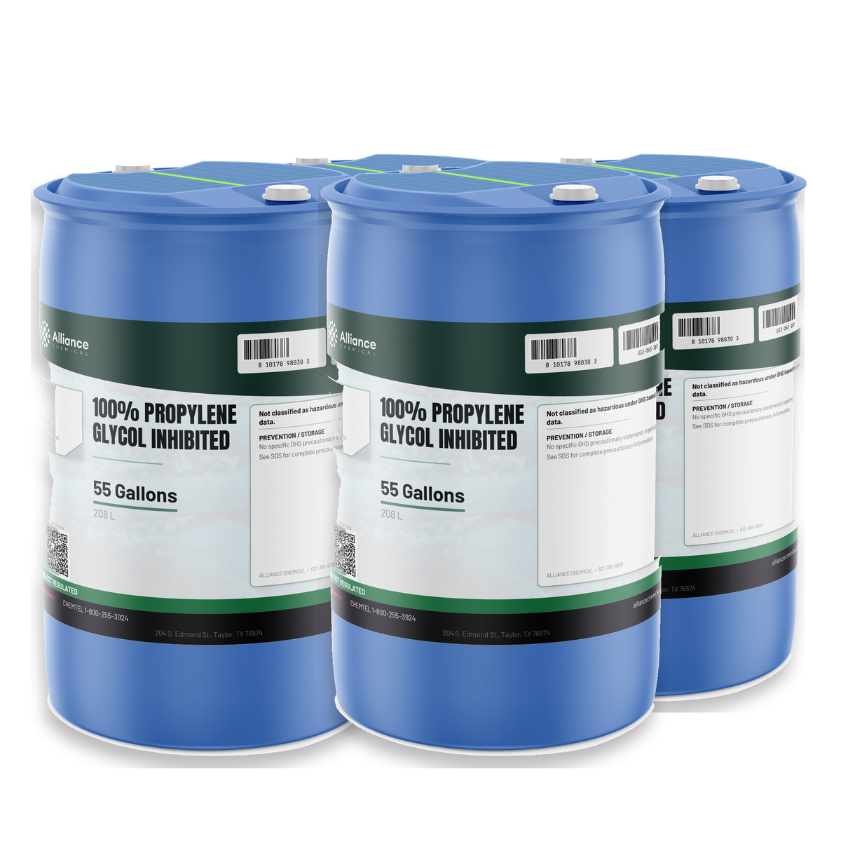 100% Propylene Glycol Inhibited in four blue 55-gallon drums for closed-loop heating and cooling systems from Alliance Chemical