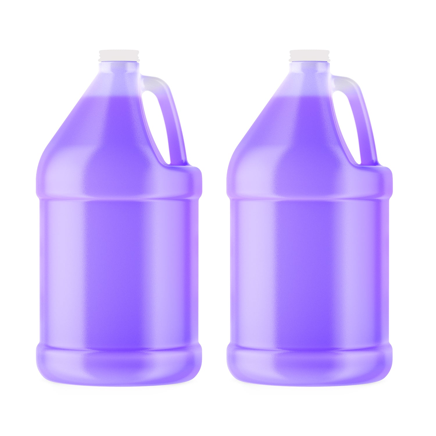 1-gallon HDPE purple plastic jugs (2-pack) with white screw caps - industrial chemical storage containers, durable translucent polyethylene construction.