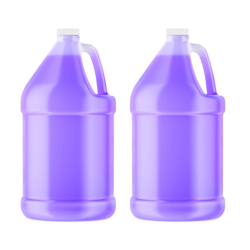 Two 1-gallon clear HDPE jugs of Alliance Chemical 1 Gallon Clear HDPE Jug with handles and white caps.