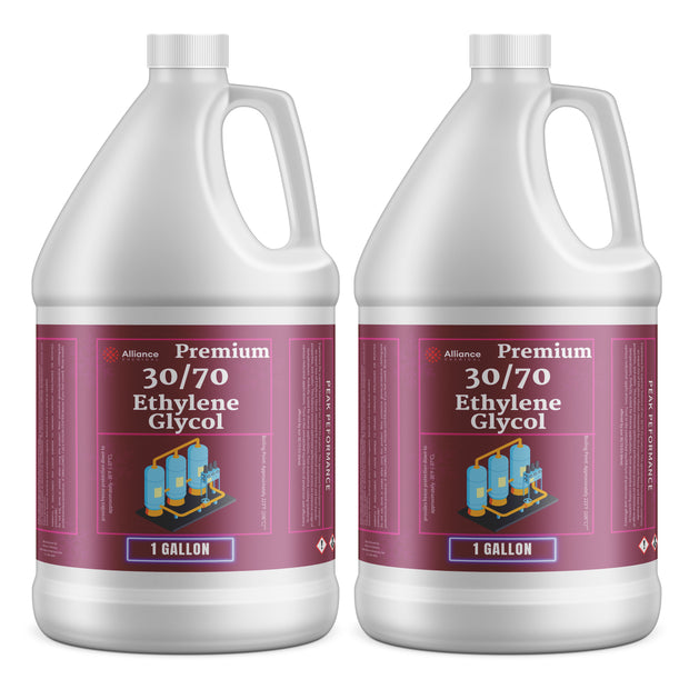 Two 1-gallon HDPE jugs of Alliance Chemical Ethylene Glycol 30/70 with white screw caps and product labels