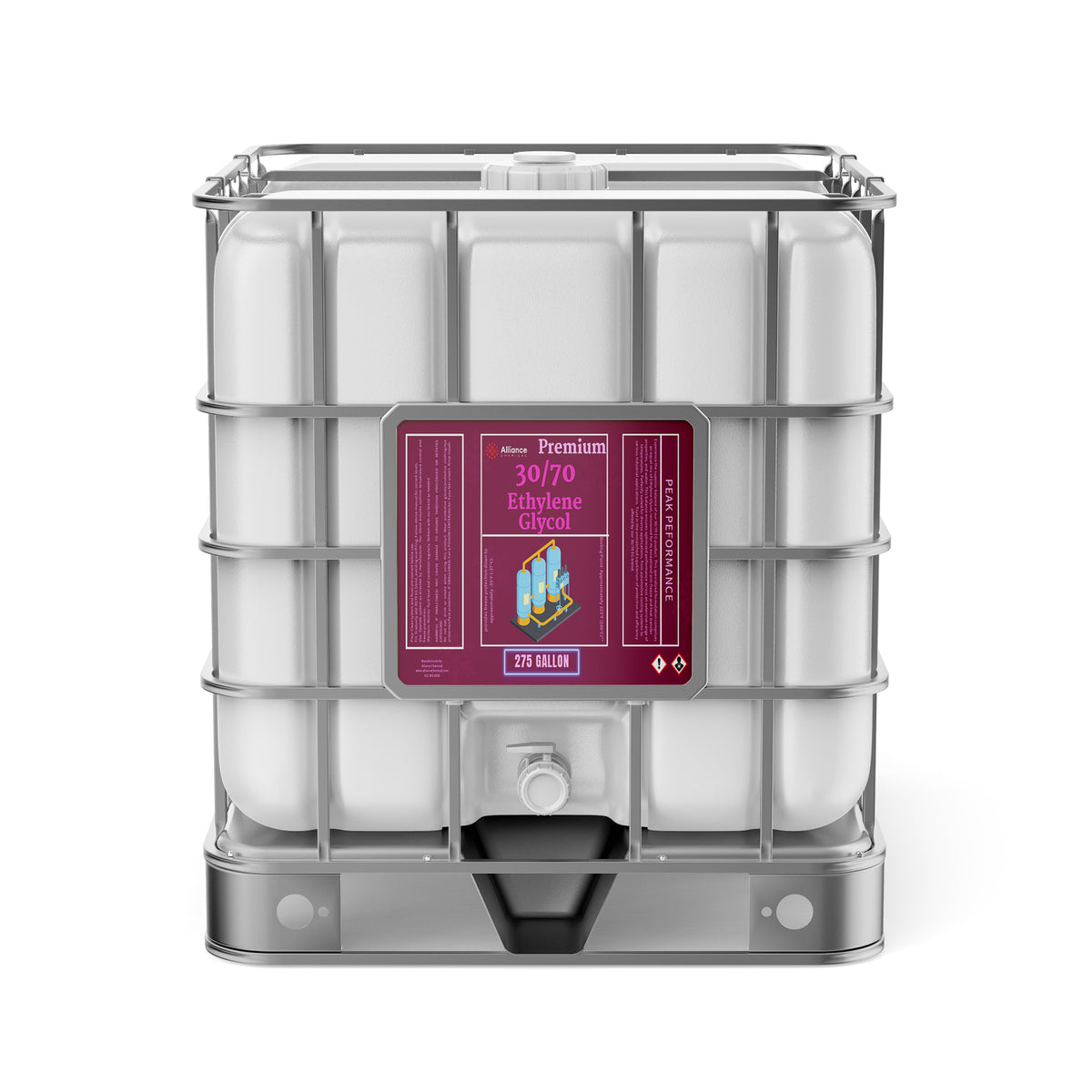 Alliance Chemical Ethylene Glycol 30/70 in a 275-gallon HDPE tote with a metal cage and a label.
