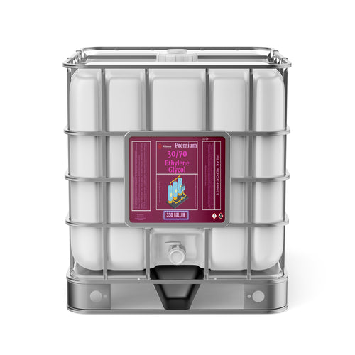 One 330-gallon plastic tote of Alliance Chemical Ethylene Glycol 30/70 with a metal cage and a spigot.