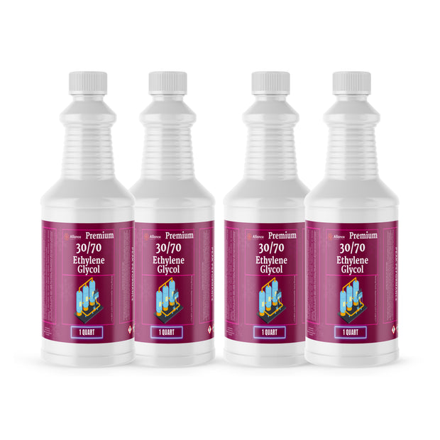 Four 1-quart Alliance Chemical Ethylene Glycol 30/70 plastic jugs with white screw caps and product labels.