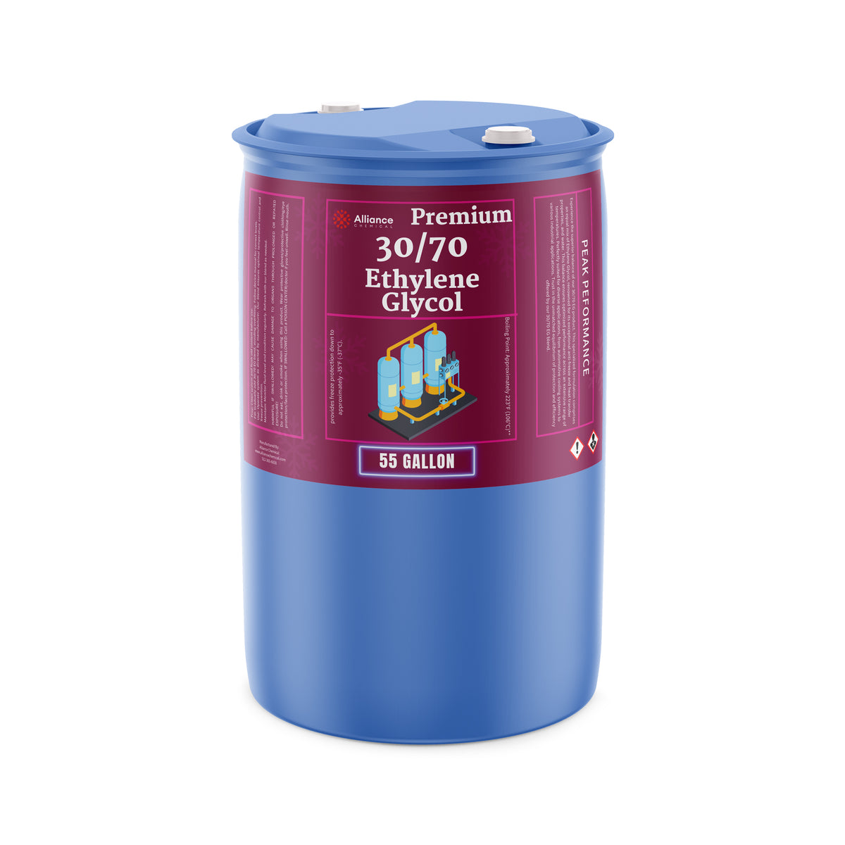 Alliance Chemical 55-gallon plastic drum of Ethylene Glycol 30/70 with blue lid and white screw caps