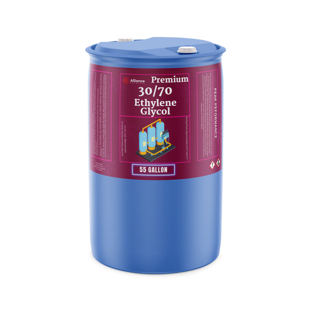 Alliance Chemical 55-gallon plastic drum of Ethylene Glycol 30/70 with blue lid and white screw caps