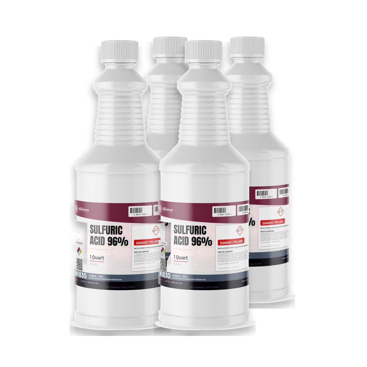Sulfuric Acid 96% ACS Grade in four 1-quart plastic bottles from Alliance Chemical for chemical manufacturing