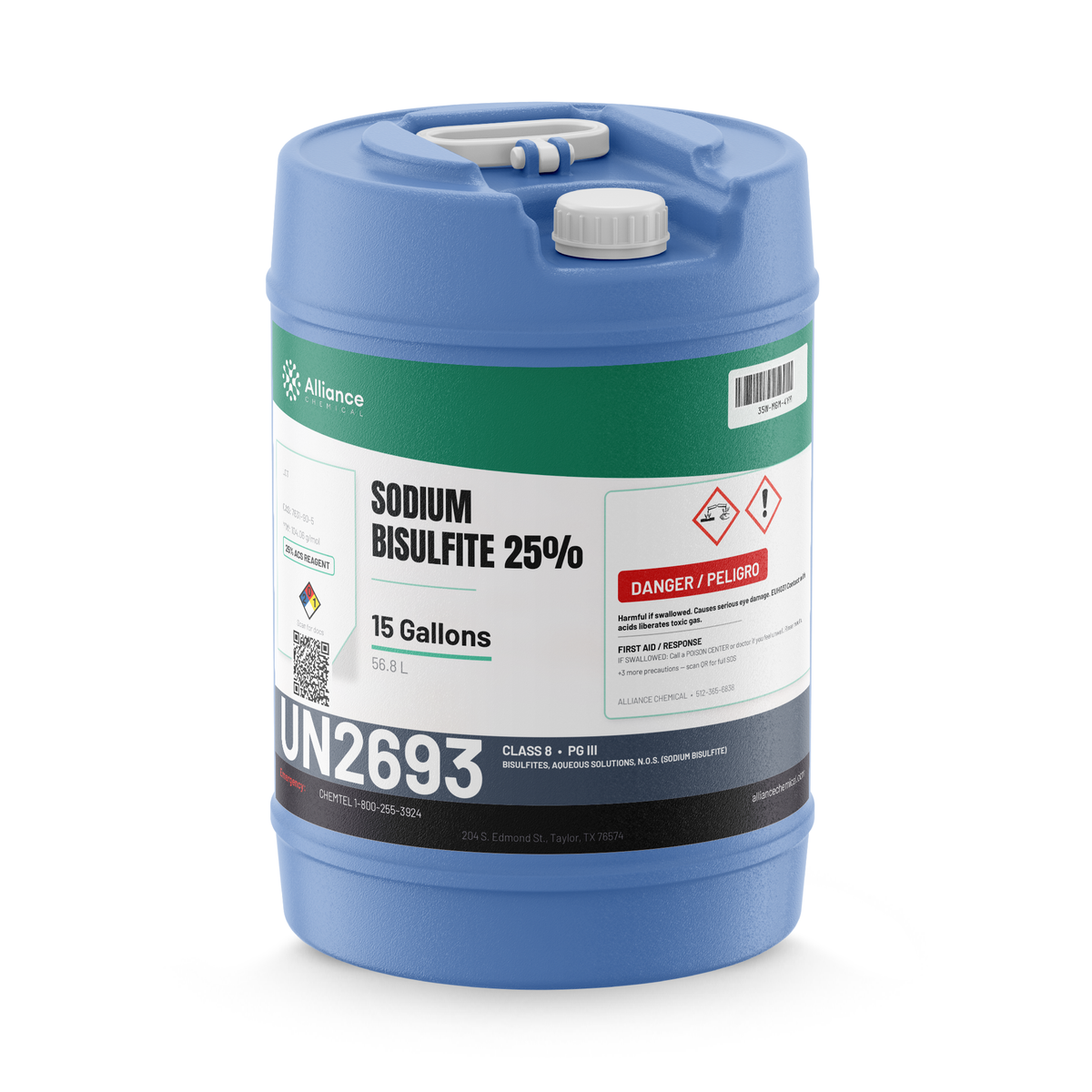 Sodium Bisulfite 25% ACS reagent grade in a blue 15-gallon plastic carboy, Alliance Chemical