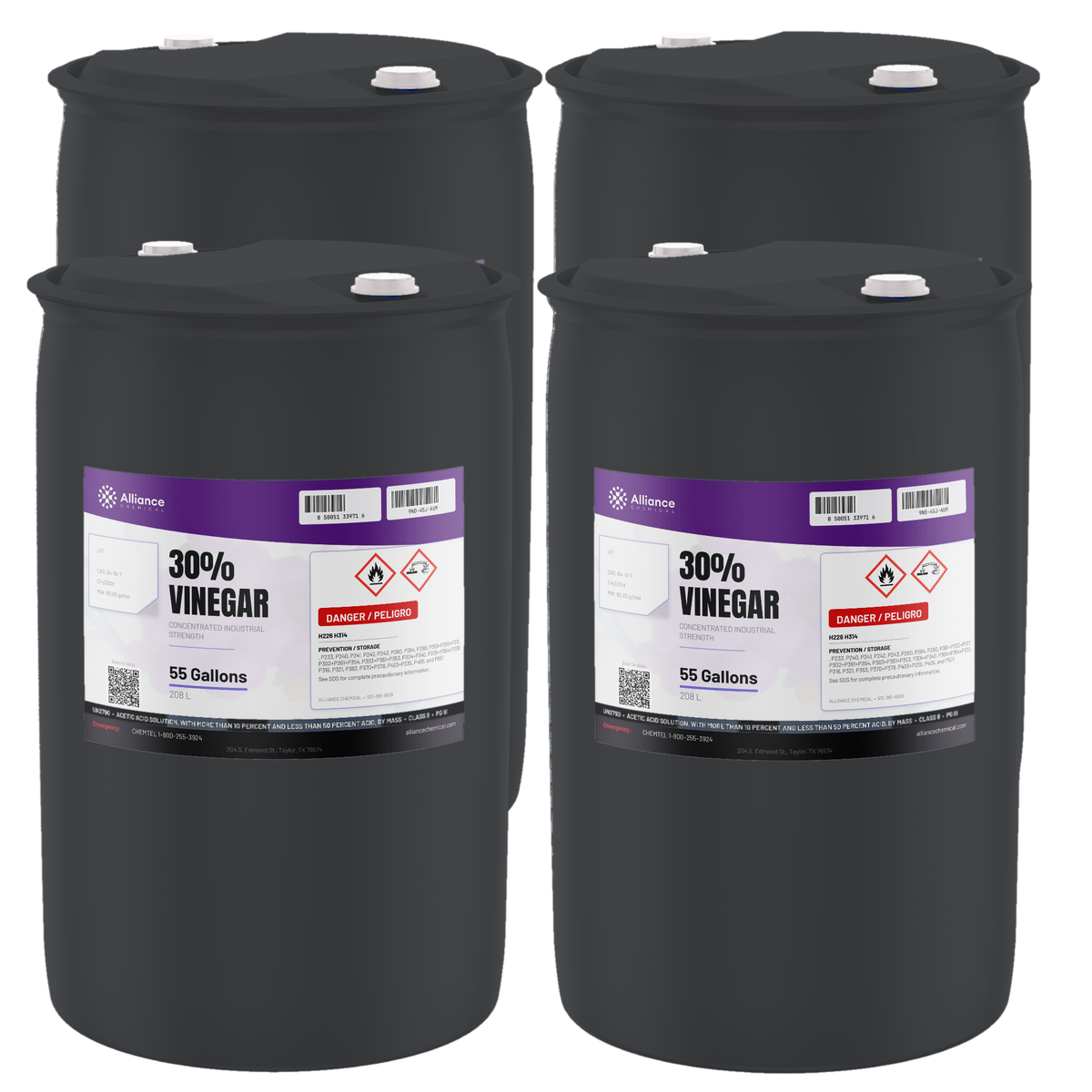 30% vinegar technical grade in four 55-gallon black plastic drums, Alliance Chemical