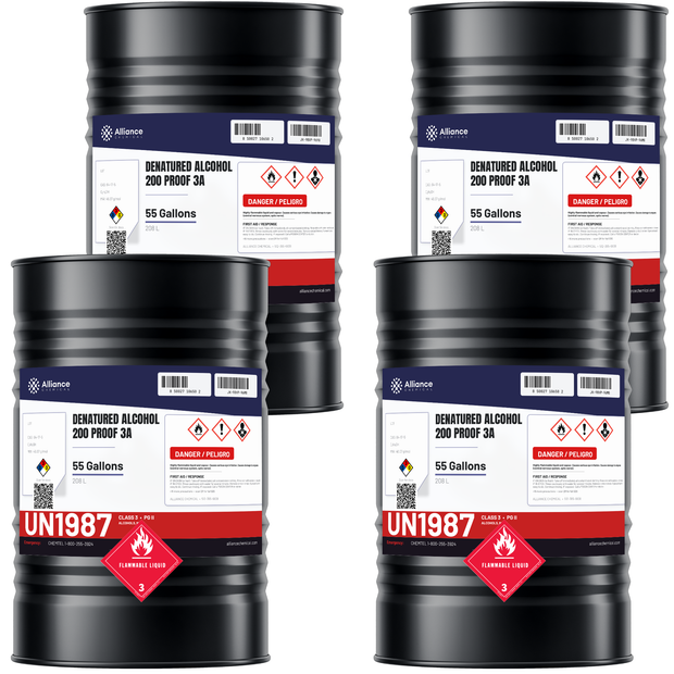 Denatured Alcohol 200 Proof 3A in four 55-gallon black steel drums, Alliance Chemical