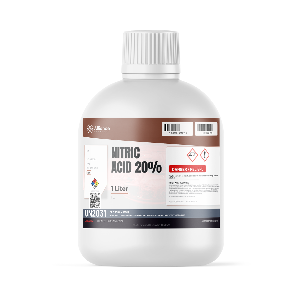 Nitric Acid 20% Technical Grade 1-liter white plastic bottle for metal finishing, Alliance Chemical
