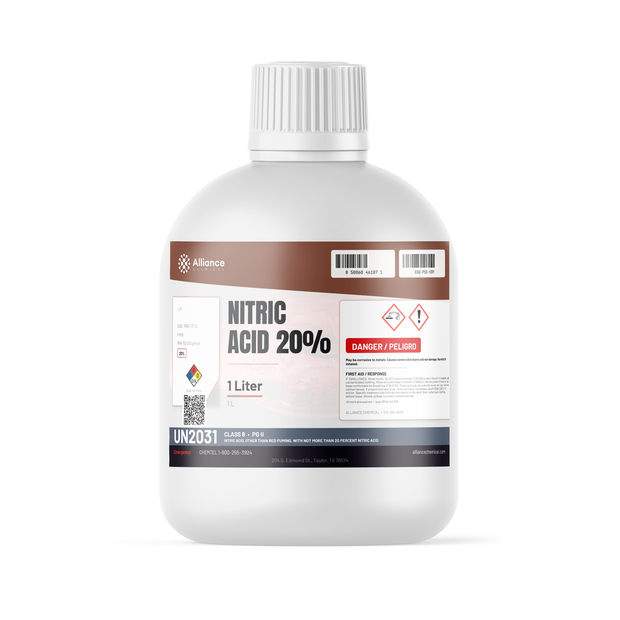 Nitric Acid 20% Technical Grade 1-liter white plastic bottle for metal finishing, Alliance Chemical