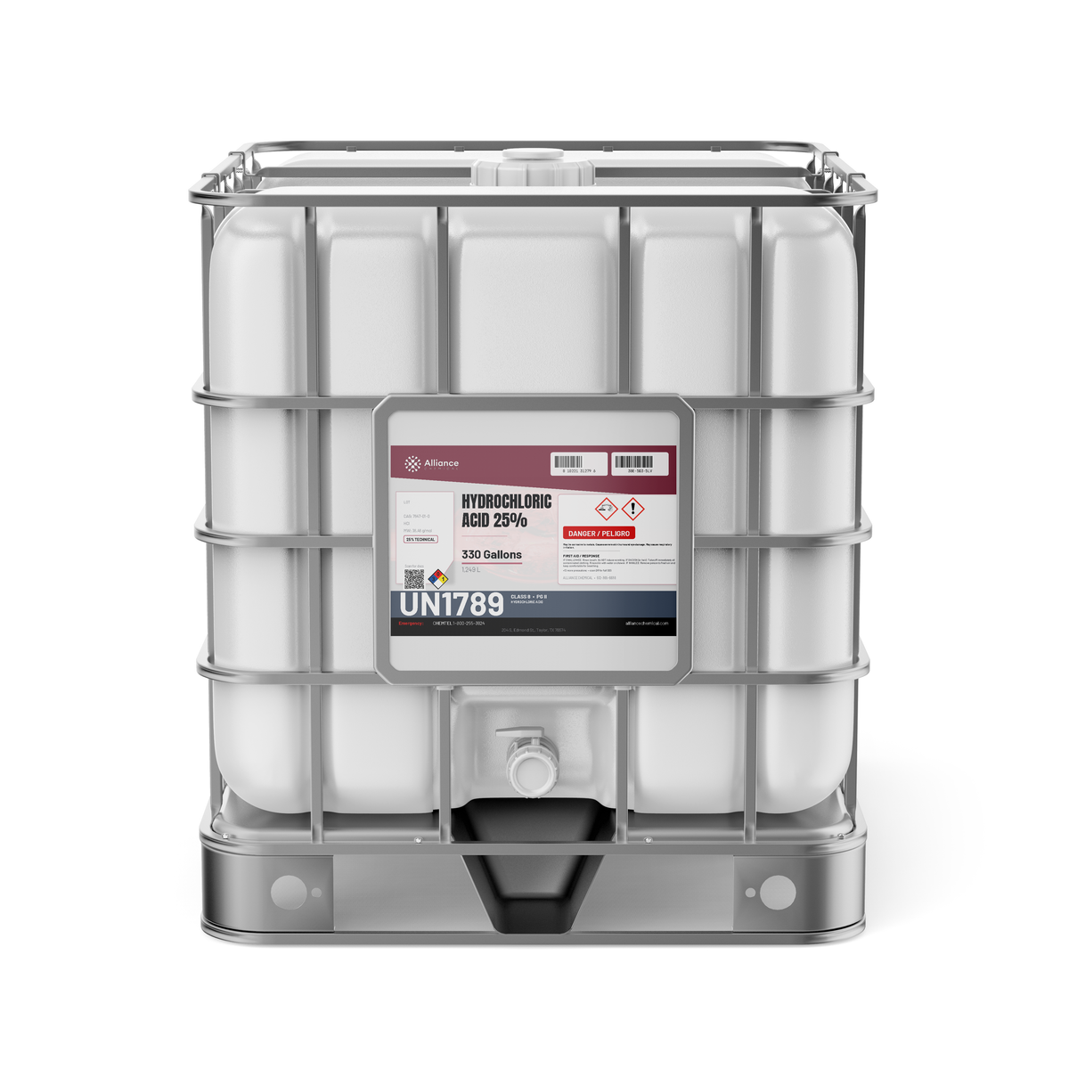 Hydrochloric Acid 25% Technical Grade in a 330-gallon IBC tote, Alliance Chemical