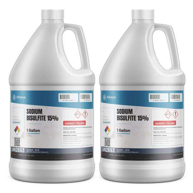 Sodium Bisulfite 15% ACS grade in two 1-gallon plastic jugs from Alliance Chemical