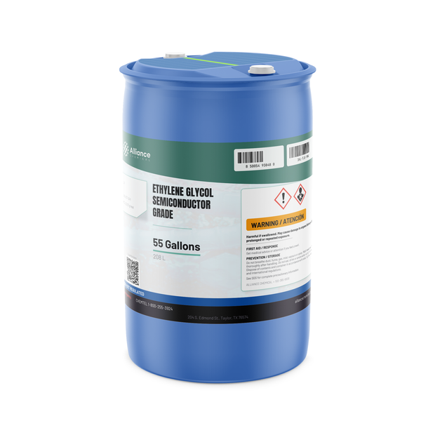 Ethylene Glycol Semiconductor Grade in a 55-gallon blue drum for thermal management loops, Alliance Chemical