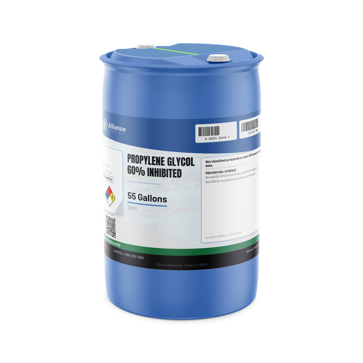 Propylene Glycol 60% Inhibited in a blue closed-head 55-gallon drum, Alliance Chemical