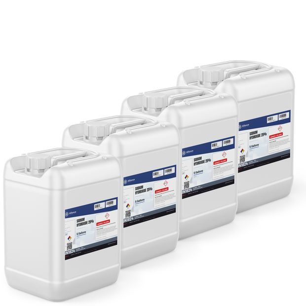 Sodium Hydroxide 25% Technical Grade in four 5-gallon pails, Alliance Chemical for wastewater neutralization