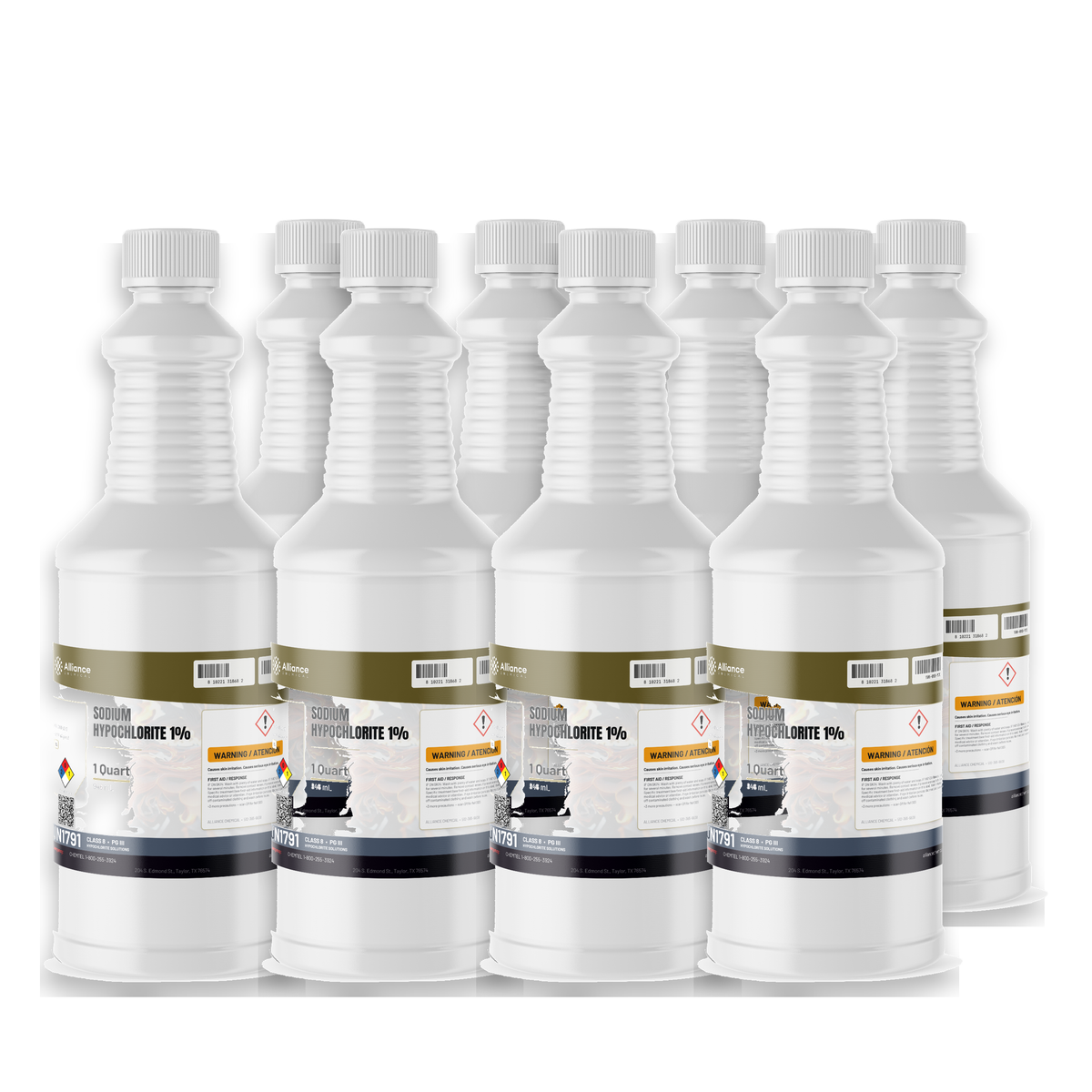 Sodium hypochlorite 1% technical grade in eight 1-quart plastic bottles, Alliance Chemical