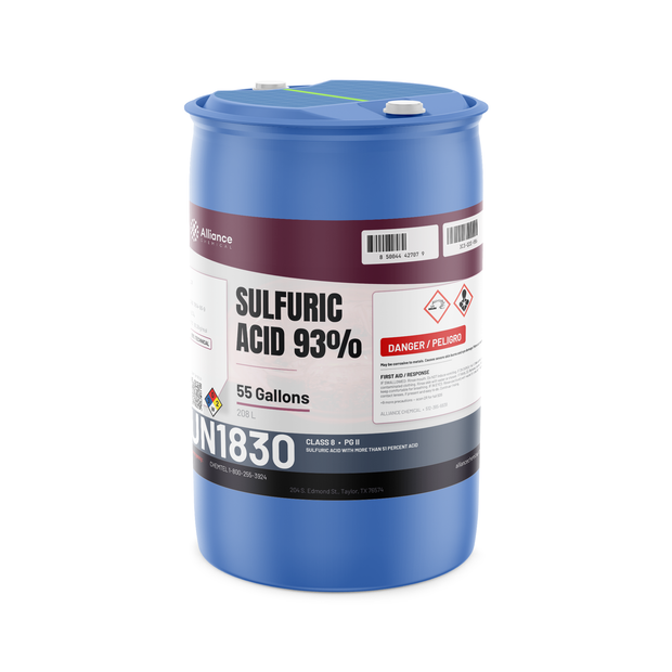 Sulfuric Acid 93% Technical Grade in a 55-gallon blue plastic drum for wastewater neutralization, Alliance Chemical