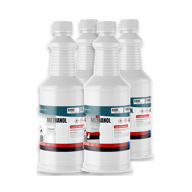 Methanol Technical Grade four 1-quart bottles from Alliance Chemical for chemical synthesis and solvent applications